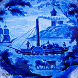 Scarce "So Called Fulton Steamboat" Blue Transfer Staffordshire Soup Plate Circa 1825 LAM-75