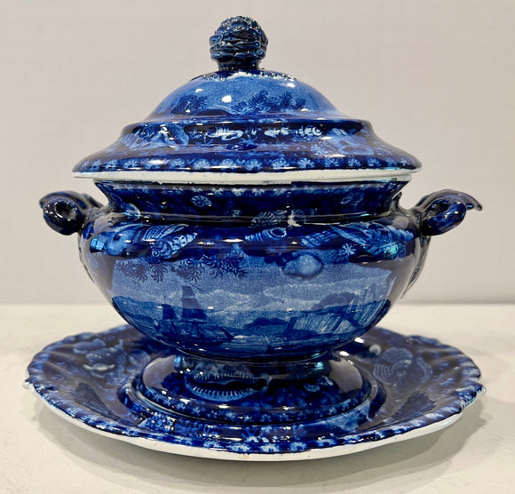 Historical Staffordshire Blue Gravy Tureen and Tray Marine View Chiswick Thames CAB