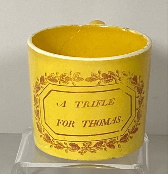Staffordshire Children’s Canary Yellow Mug Child’s A Trifle For Thomas