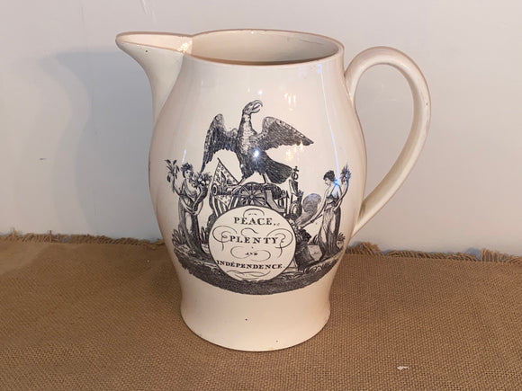 Staffordshire Creamware Liverpool Pitcher with Washington Memorial with Chain of States Peace and Plenty