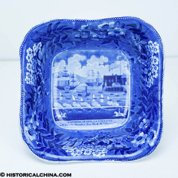 Landing of Lafayette Historical Blue Staffordshire Footed Compote Clews ZAM-174