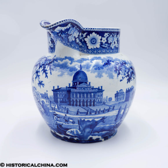 Large Boston State House Pitcher Rogers Historical Blue Staffordshire ZAM-277