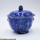 Lafayette at Franklin's Tomb Covered Round Sugar Bowl Lion Head Handles Historical Blue Staffordshire ZAM-529