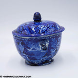 Lafayette at Franklin's Tomb Covered Round Sugar Bowl Lion Head Handles Historical Blue Staffordshire ZAM-529