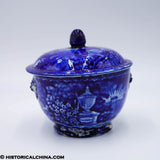 Lafayette at Franklin's Tomb Covered Round Sugar Bowl Lion Head Handles Historical Blue Staffordshire ZAM-529