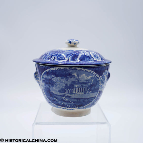 Virginia Chuch Round Form Sugar Bowl Embossed Shell Handles Historical Blue Staffordshire ZAM-538