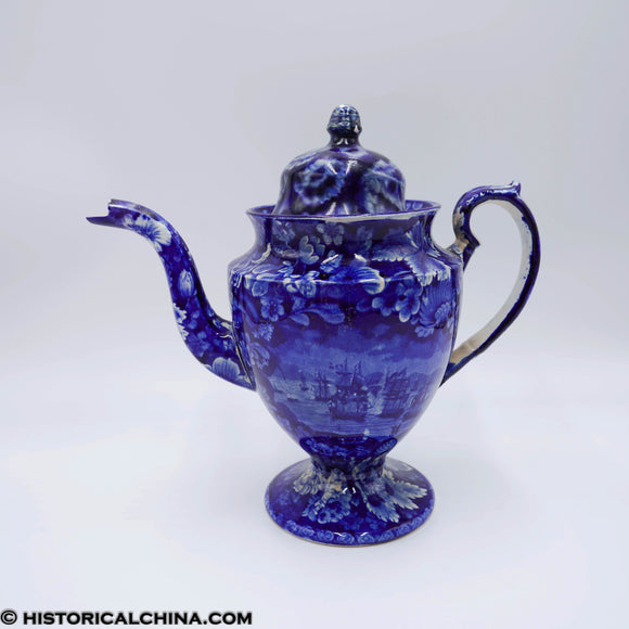 Commodore MacDonnough's Victory Pedestal Coffee Pot Historical Blue Staffordshire ZAM-50
