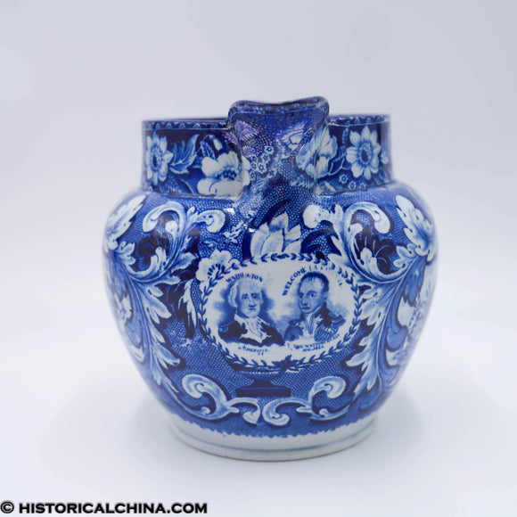 Rare Portrait Medallions Washington Lafayette Beehive Pitcher Historical Blue Staffordshire ZAM-644