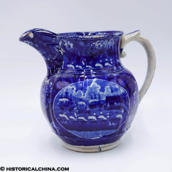 Rare Landing of Lafayette Embossed Ribbing Pitcher Historical Blue Staffordshire ZAM-259