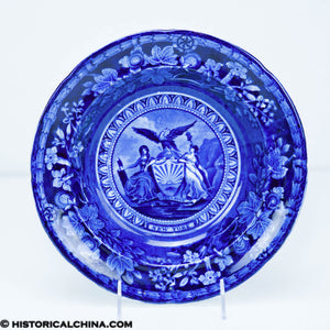 Arms of New York Soup Plate Historical Blue Staffordshire Flower & Vine Border Mayer ZAM-517