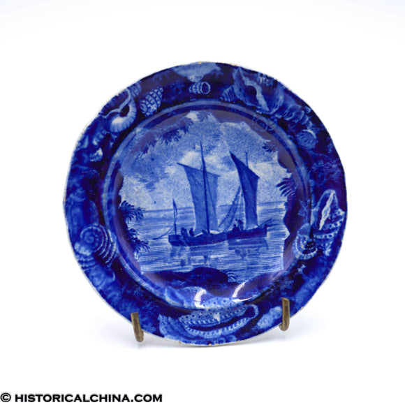 Two Sailboats Cup Plate Enoch Seashell Border Historical Blue Staffordshire ZAM-143