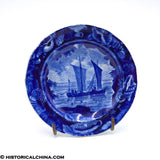 Two Sailboats Cup Plate Enoch Seashell Border Historical Blue Staffordshire ZAM-143