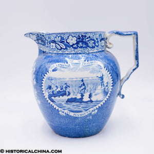 Landing of the Fathers at Plymouth Pitcher Historical Blue Staffordshire ZAM-255