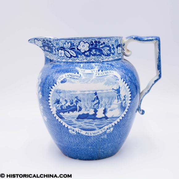 Landing of the Fathers at Plymouth Pitcher Historical Blue Staffordshire ZAM-255