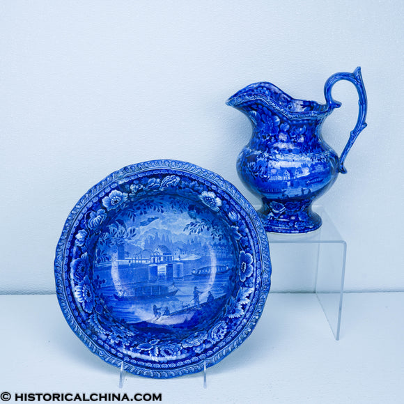 Entrance Erie Canal Hudson River at Albany Wash Bowl & Pitcher Set Historical Blue Staffordshire ZAM-39 & ZAM-283