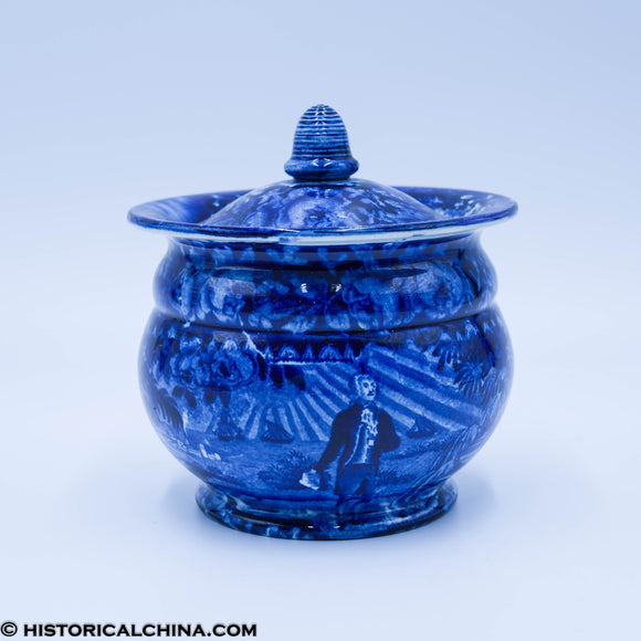 Washington Scroll In Hand Beehive Sugar Bowl Lidded Historical Blue Staffordshire ZAM-532