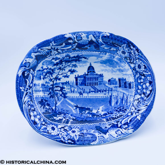 Boston State House Footed Compote Stubbs Eagle Border Historical Blue Staffordshire ZAM-181