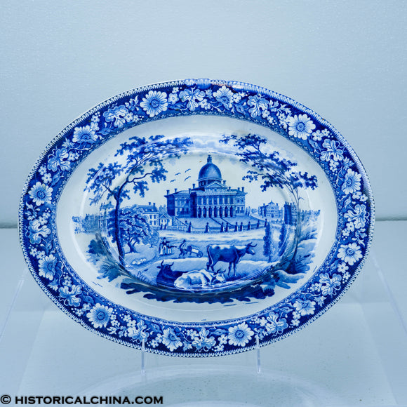 Boston State House Oval Soup Tureen Raised Center Historical Blue Staffordshire ZAM-581