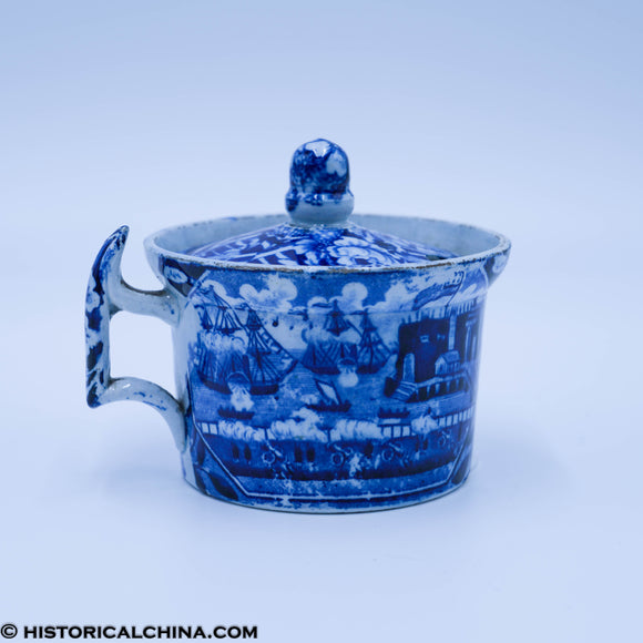 Landing of Lafayette Handled Mustard Pot & Lid Historical Blue Staffordshire ZAM-232