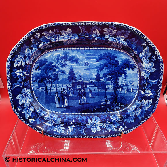 Historical Staffordshire Dark Blue Transferware Esplanade Castle Garden Platter New York ZAM-450