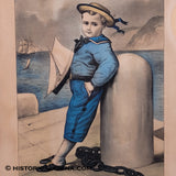 Darling ca. 1875 Image! "The Little Yachtsman" Currier & Ives Hand Colored Lithograph Old Antique Print LAM-107