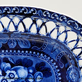 "Fruit" by Stubbs Dark Blue Staffordshire Transfer Reticulated Cut Basket & Tray LAM-40