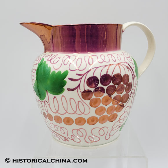 Hand Decorated English 19th Century Ceramic Grape Vine Motif Pink Luster Pitcher LAM-56