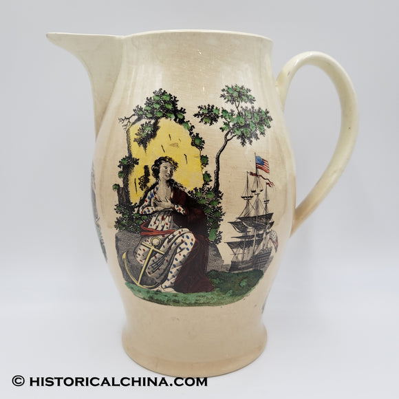 Circa 1800 Creamware Liverpool Pitcher w/ American Flagged Clipper Ships LAM-62