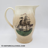 Circa 1800 Creamware Liverpool Pitcher w/ American Flagged Clipper Ships LAM-62