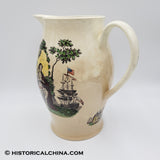 Circa 1800 Creamware Liverpool Pitcher w/ American Flagged Clipper Ships LAM-62