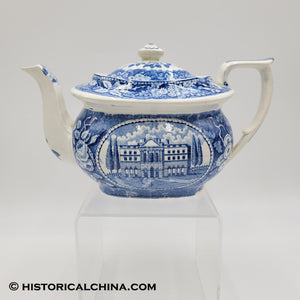 State House Hartford Blue Transfer Staffordshire Teapot Circa 1825 LAM-74