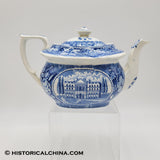 State House Hartford Blue Transfer Staffordshire Teapot Circa 1825 LAM-74