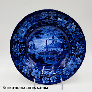 Scarce "So Called Fulton Steamboat" Blue Transfer Staffordshire Soup Plate Circa 1825 LAM-75