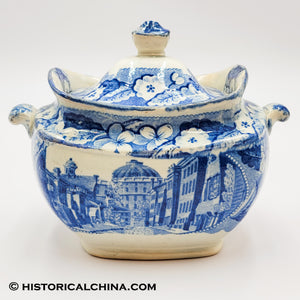 Boston Exchange Coffee House Sugar Bowl Historical Blue Staffordshire ZAM-528
