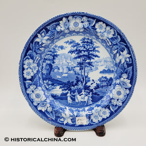 1830 Kids Riding Cow City 10" Dinner Plate Blue Staffordshire LAM-99
