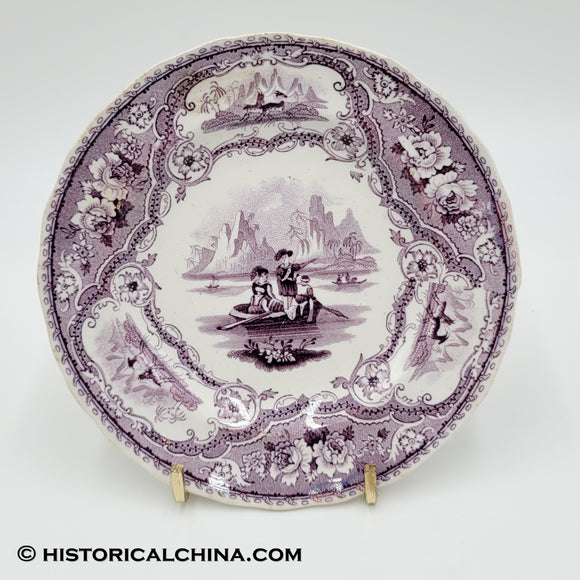 Staffordshire Child's Plate 3 Children in Boat Gazelles around Rim Mulberry Transfer LAM-88