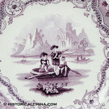 Staffordshire Child's Plate 3 Children in Boat Gazelles around Rim Mulberry Transfer LAM-88