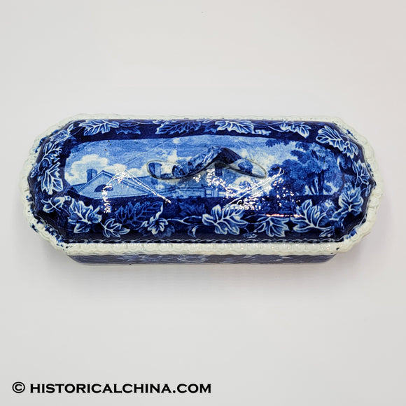 Rare Transfer Hartford Deaf & Dumb Asylum Connecticut Lidded Razor Box Historical Blue Staffordshire ZAM-474