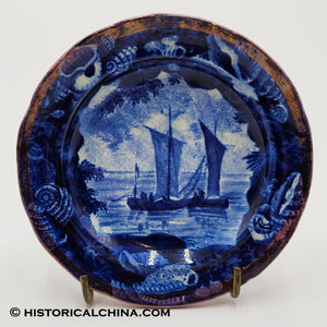 2 Sail Boats Cup Plate Luster Rim Seashell Historical Blue Staffordshire ZAM-140