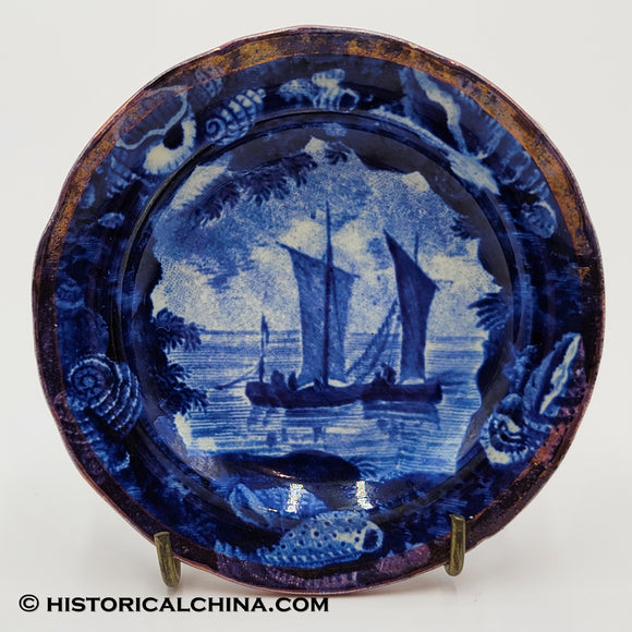2 Sail Boats Cup Plate Luster Rim Seashell Historical Blue Staffordshire ZAM-140