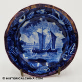 2 Sail Boats Cup Plate Luster Rim Seashell Historical Blue Staffordshire ZAM-140