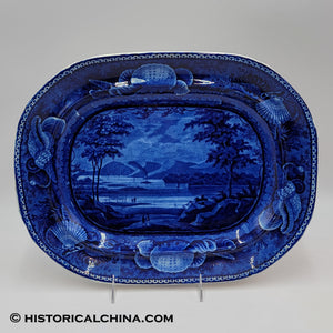 Lake George New York Platter Seashell Border Historical Blue Staffordshire ZAM-454
