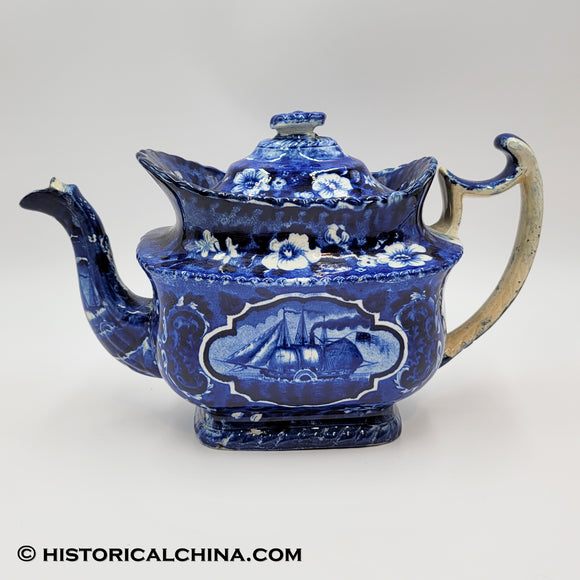 Chancellor Livingston Steamboat Teapot Historical Blue Staffordshire ZAM-561
