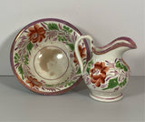 Staffordshire Childs Toy Miniature Bowl and Pitcher Set Floral and Pink Luster