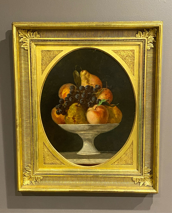 Mid 19th Century American Antique Oil On Board Painting Still Life Fruit Compote