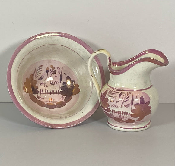 Staffordshire Childs Set Miniature Pink Luster Bowl and Pitcher Set