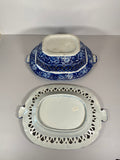 Staffordshire Blue Transfer Reticulated Basket and Tray Sheltered Pheasants A