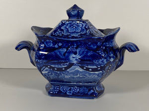 Historical Staffordshire Blue Sugar Bowl Eagle Over Panel CB