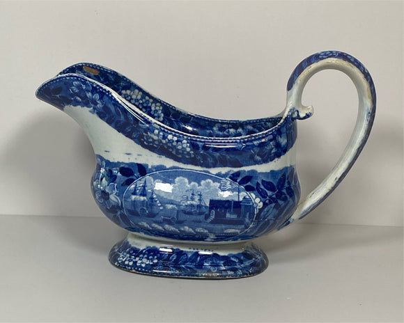 Historical Blue Staffordshire Landing Of Lafayette Sauce Boat Creamer