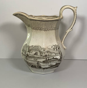 Historical Staffordshire Brown Transferware Pitcher Village of Cedars Canada